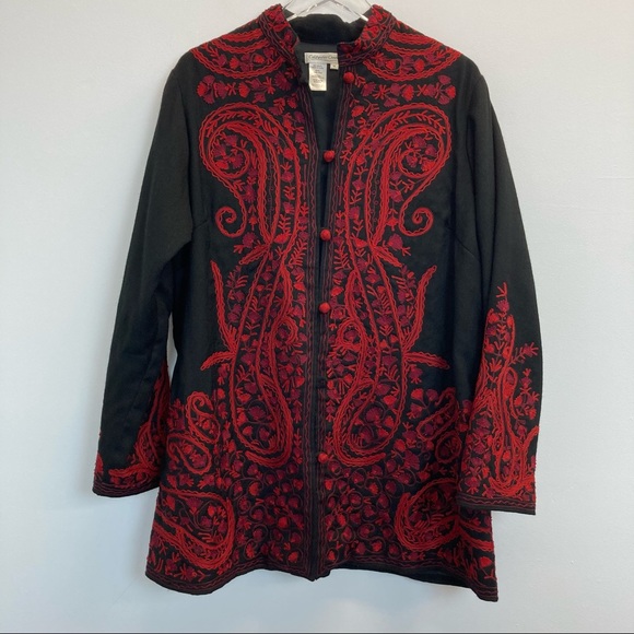Coldwater Creek Jackets & Blazers - Coldwater Creek Black With Red Design Ball Button Up Wool Jacket (1X)